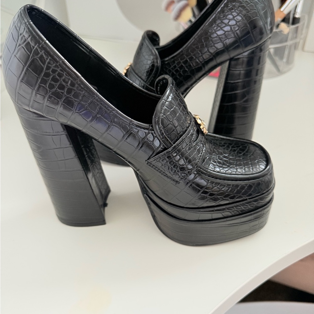 Black Croc-Embossed Platform Loafers